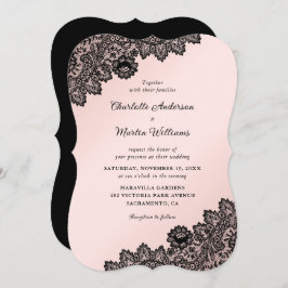 Convite Casamento com rendas flóricas, cor-de-rosa, preto