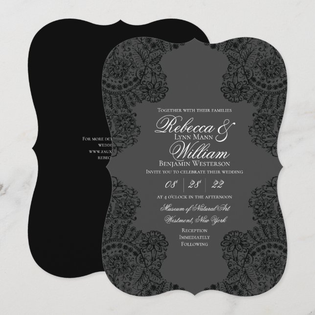 Convite Casamento com rendas gótico preto (Frente/Verso)