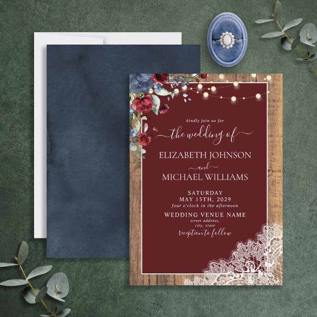 Convite Casamento com rendas marinho Blue Burgundy (Criador carregado)