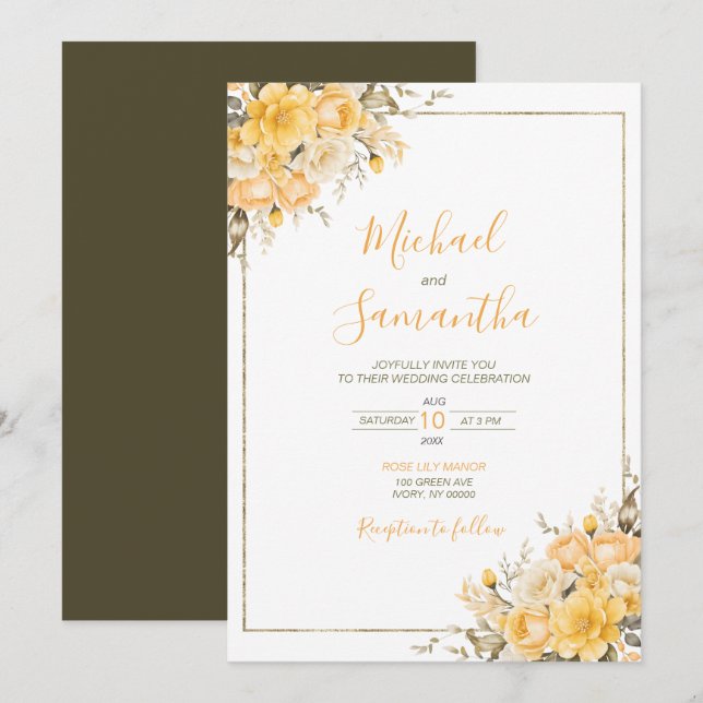 Convite Casamento com Rosa Amarela Elegante e Marfim (Frente/Verso)