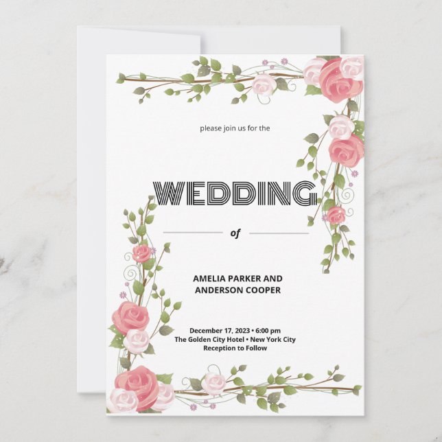 Convite Casamento com rosa Amor e Fundo Branco (Frente)