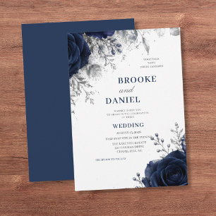 Convite Casamento com Rosa Azul-Marinho Realista e Brilho