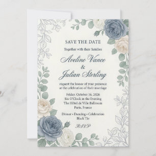 Convite Casamento com Rosa Azul Poeirento e Creme em Aquar
