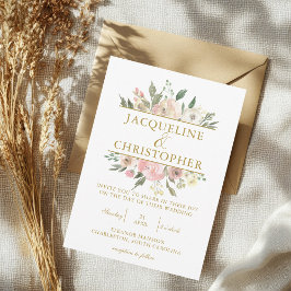 Convite Casamento com Rosa Bege Floral Elegante e Grafia D