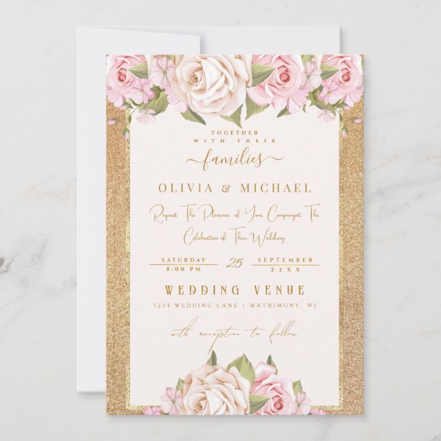 Convite Casamento com Rosa Blush, Ouro Floral e Folha (Frente)
