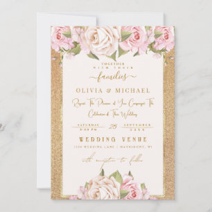 Convite Casamento com Rosa Blush, Ouro Floral e Folha