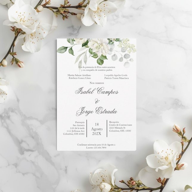 Convite Casamento com Rosa Branca e Folhagem (Criador carregado)