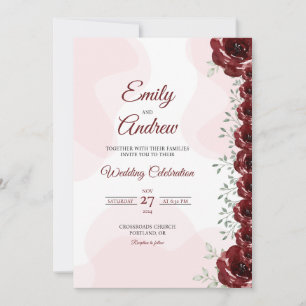Convite Casamento com Rosa Carmesim Floral Elegante em Aqu