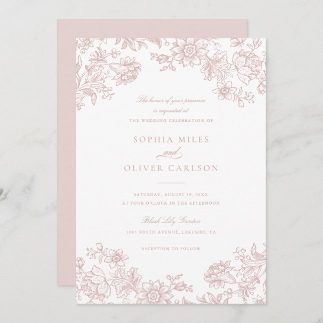Convite Casamento com Rosa de Blush Elegante Floral (Frente/Verso)