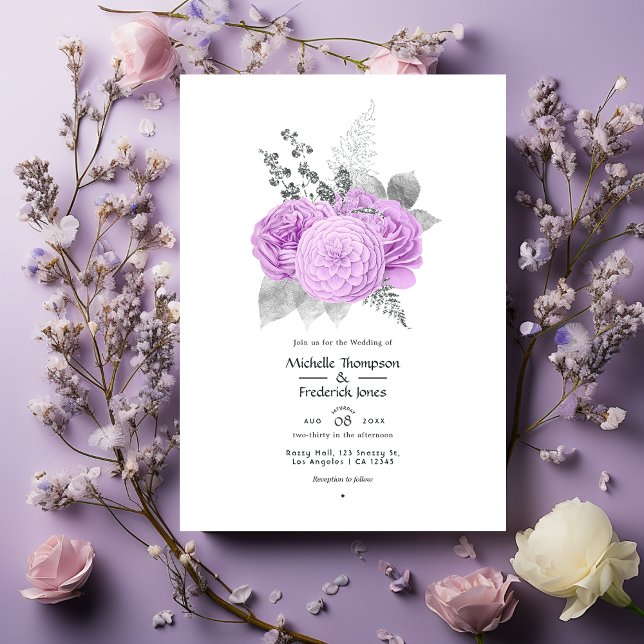 Convite Casamento com Rosa de Pastel Purple e Silver Vinta (Criador carregado)