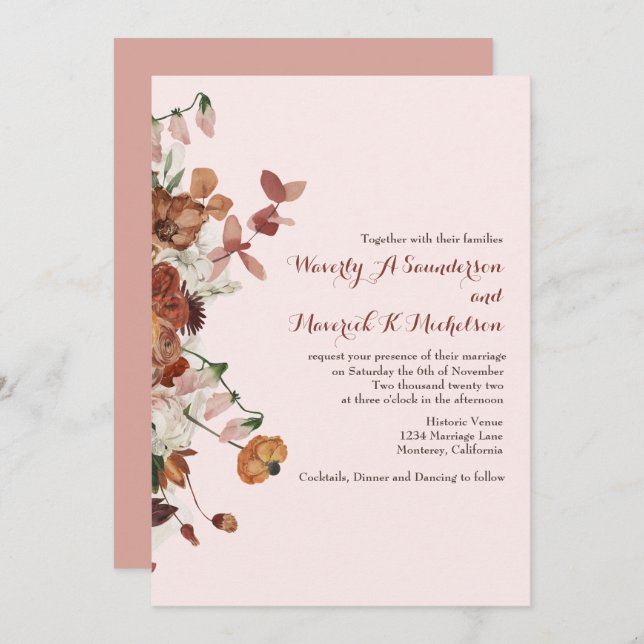 Convite Casamento com Rosa de pó de laranja queimado com A (Frente/Verso)