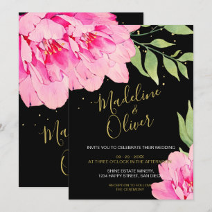 Convite Casamento com Rosa Dourado moderno, preto-e-rosa,