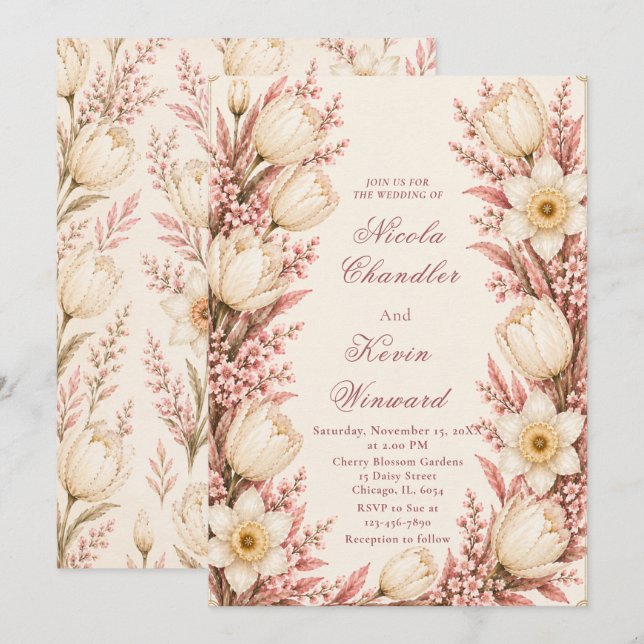 Convite Casamento com Rosa e Champanhe (Frente/Verso)