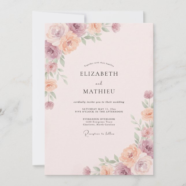 Convite Casamento com Rosa e Flor de Pêssego (Frente)
