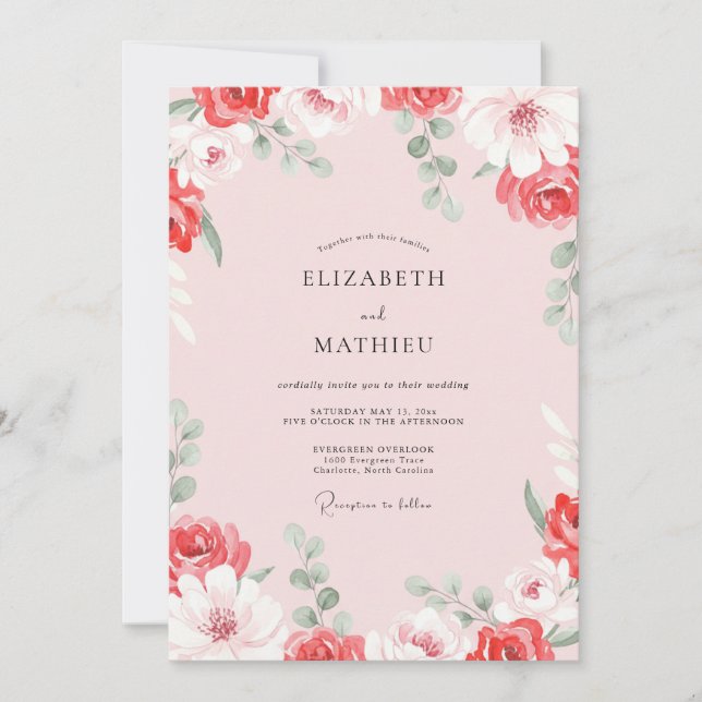 Convite Casamento com Rosa Peônia Carmesim (Frente)