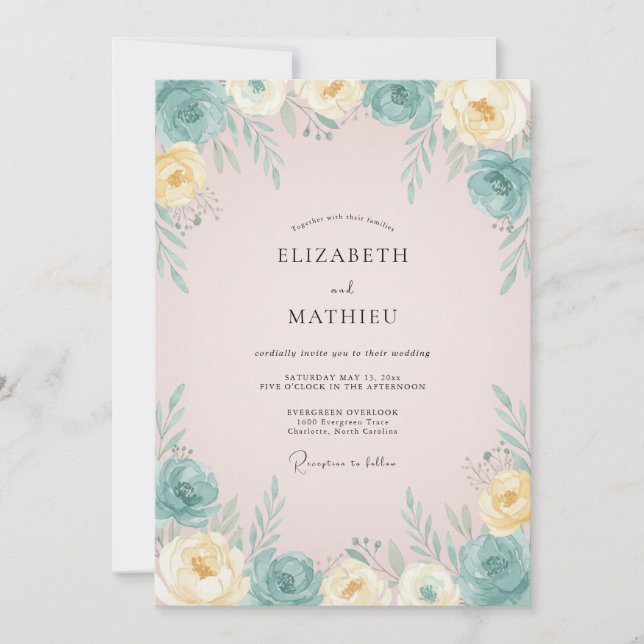 Convite Casamento com Rosa Peônia em Pó Aqua (Frente)