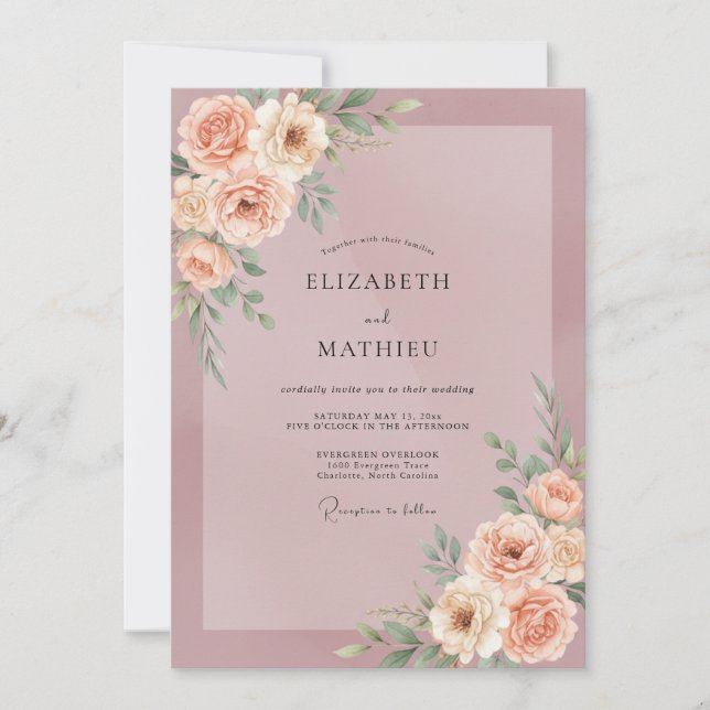 Convite Casamento com Rosa Poeira de Ameixa e Flor de Pess (Frente)