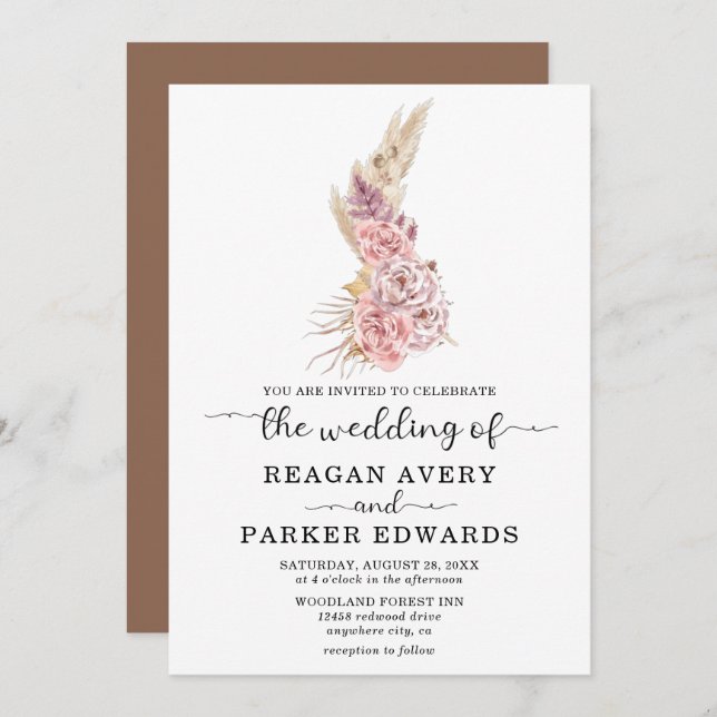 Convite Casamento com Rosa púrpura de Pampas Grass (Frente/Verso)