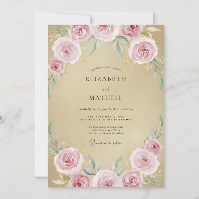 Convite Casamento com Rosa Rosa Champanhe (Frente)
