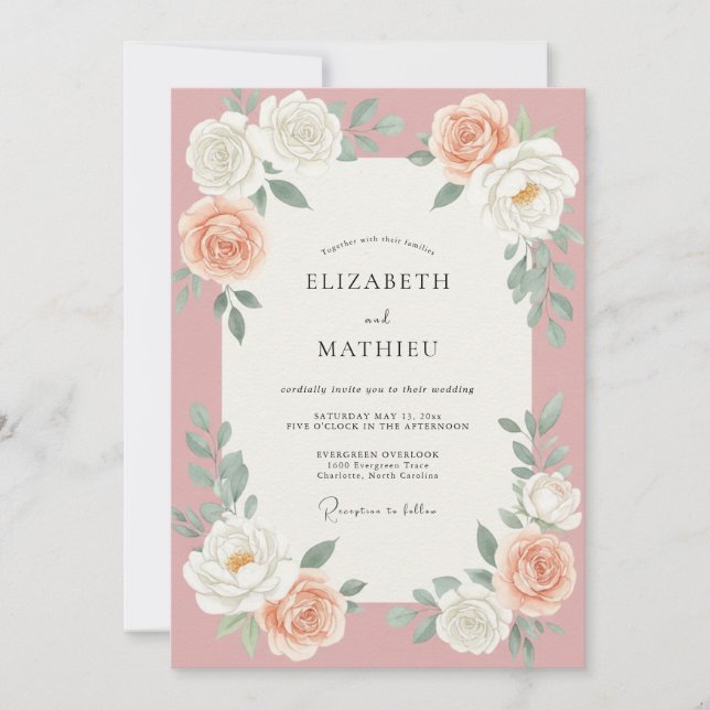 Convite Casamento com Rosa Rosa Empoeirada (Frente)