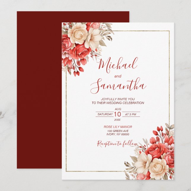 Convite Casamento com Rosa Vermelha e Marfim Elegantes (Frente/Verso)