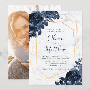 Convite Casamento com Rosas Azuis Dourados Marble Geometri