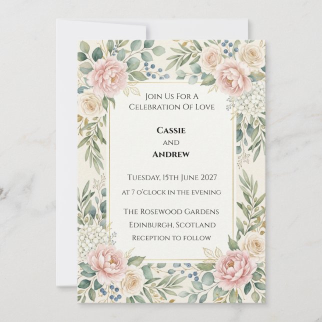 Convite Casamento com Rosas Cor-de-Rosa e Folhagens (Frente)