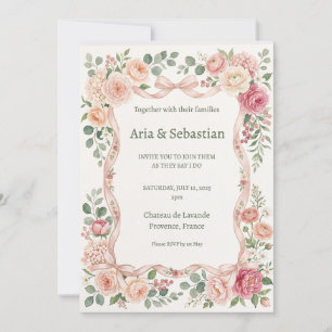 Convite Casamento com Rosas Cor-de-Rosa e Folhagens