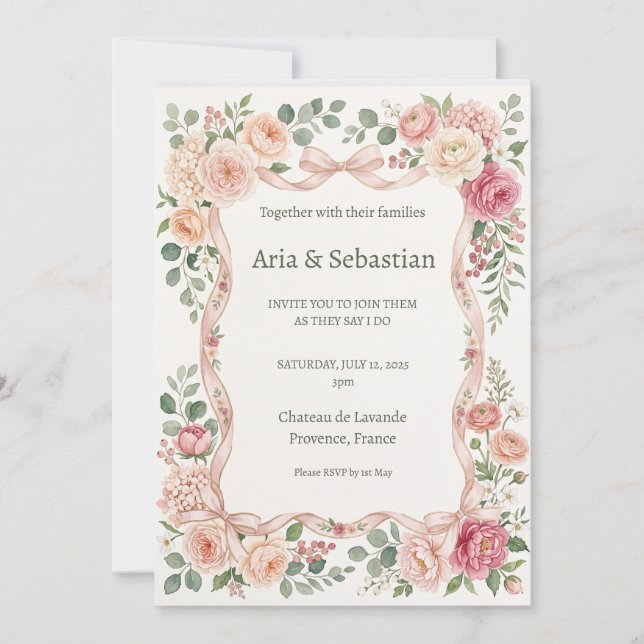 Convite Casamento com Rosas Cor-de-Rosa e Folhagens (Frente)
