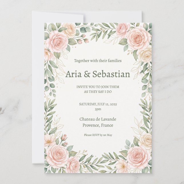 Convite Casamento com Rosas Coradas e Folhagens (Frente)