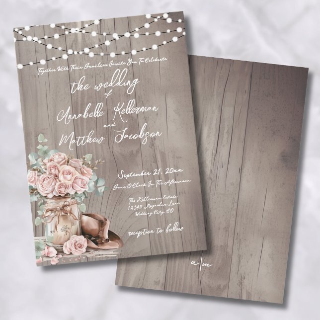 Convite Casamento com Rosas de madeira rustica elegante (Elegant Rustic Wood Roses Country Wedding Invitation)
