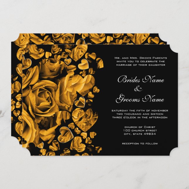 Convite Casamento com Rosas Dourados Elegantes (Frente/Verso)