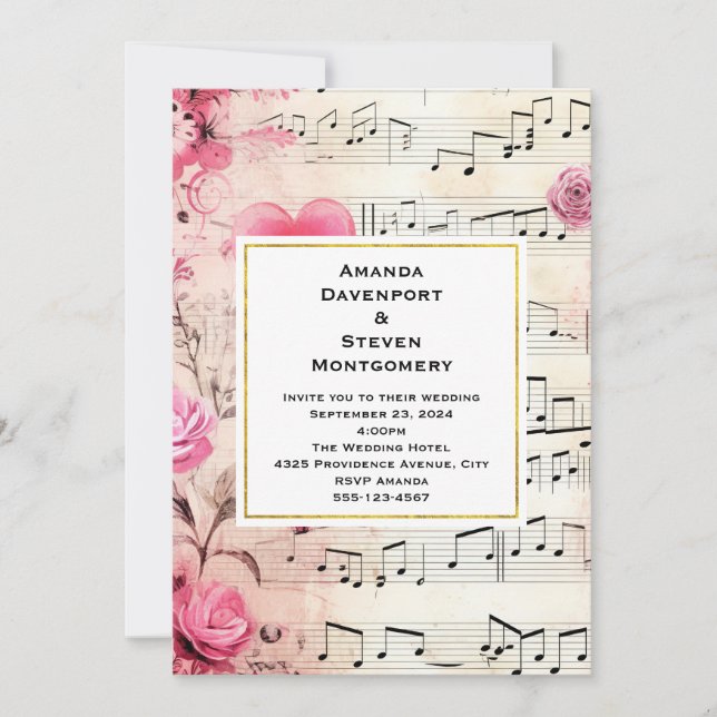 Convite Casamento com Rosas e notas musicais (Frente)