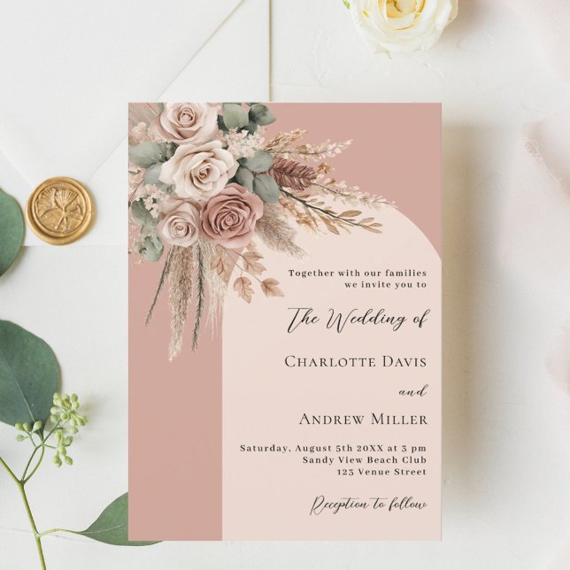 Convite Casamento com rosas verdes Beige Pampas (Criador carregado)