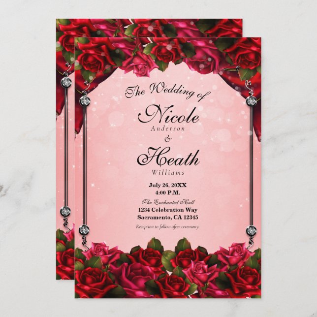Convite Casamento com rosas vermelhas e Glam Rosa (Frente/Verso)