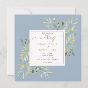 Convite Casamento com Rótulo Dourado em Aquarela Azul Empo