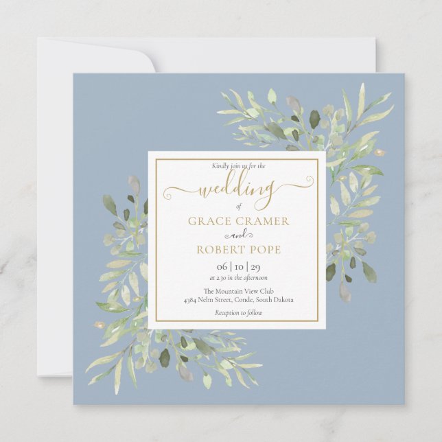 Convite Casamento com Rótulo Dourado em Aquarela Azul Empo (Frente)