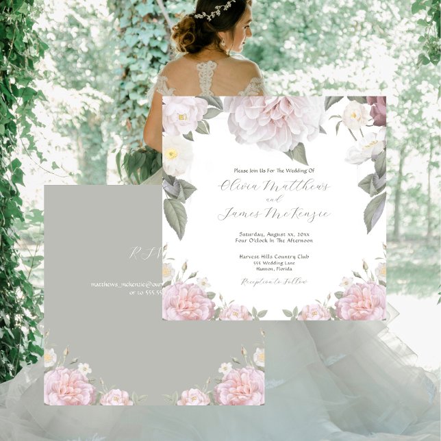 Convite Casamento com RSVP do Jardim das Rosas Rosa Elegan (Elegant Pink Roses Garden Wedding With RSVP Invitation)