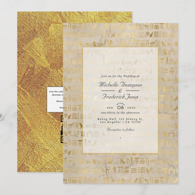 Convite Casamento com RSVP por Código QR Temático Egípcio (Frente/Verso)
