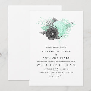 Convite Casamento com Rústica Floral de Mint e Carvão