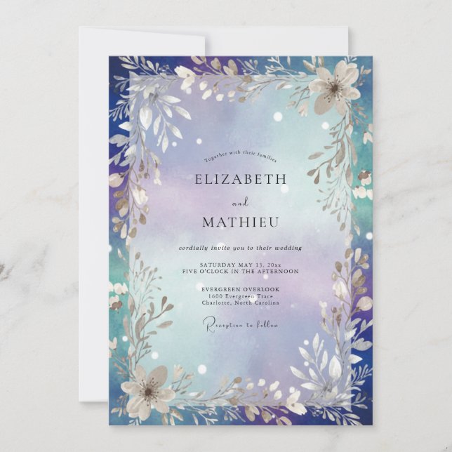 Convite Casamento com Salvia de Folhagem Prateada Índigo (Frente)