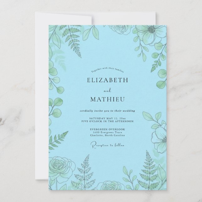 Convite Casamento com Samambaia Azul Céu (Frente)