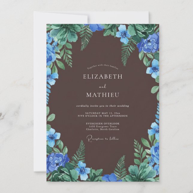 Convite Casamento com Samambaia Azul Chocolate (Frente)