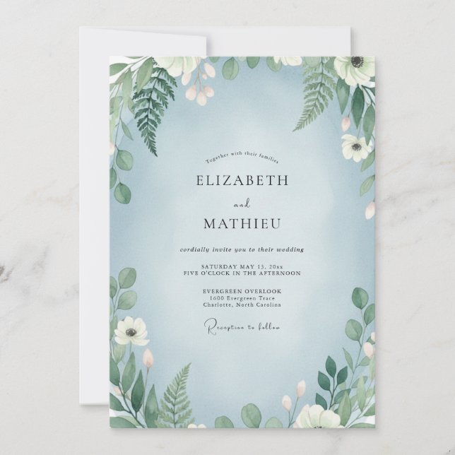 Convite Casamento com Samambaia Azul Suave (Frente)