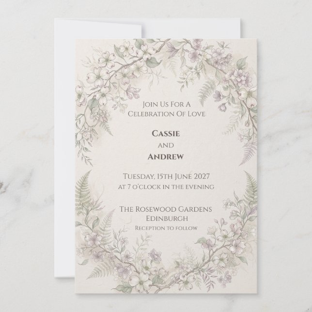 Convite Casamento com Samambaia de Flor de Lilás Suave (Frente)