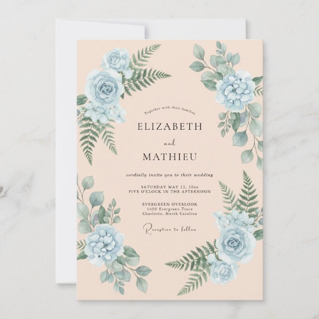 Convite Casamento com Samambaia e Periwinkle Champagne (Frente)