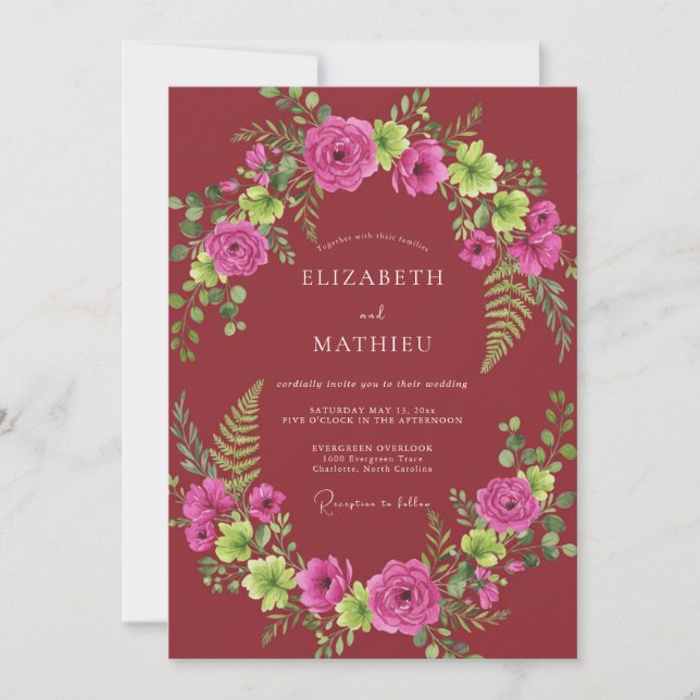 Convite Casamento com Samambaia Marrom-Fúcsia (Frente)