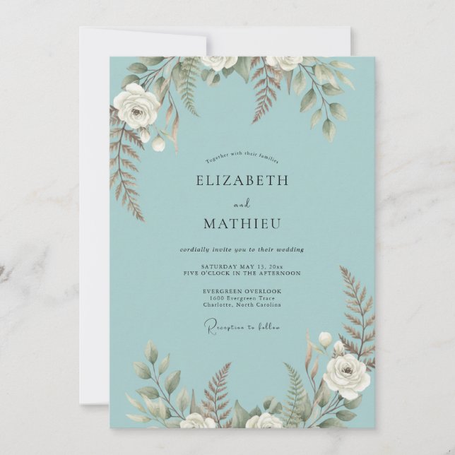 Convite Casamento com Samambaia Pintada de Aqua (Frente)