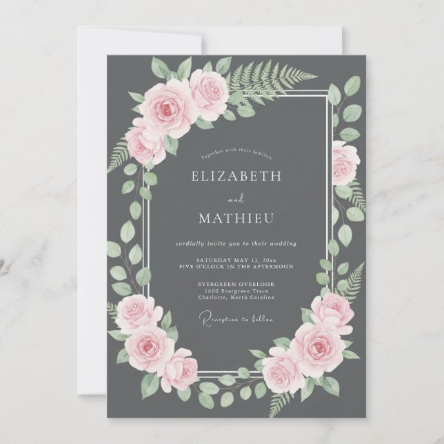 Convite Casamento com Samambaia Rosa Carvão (Frente)