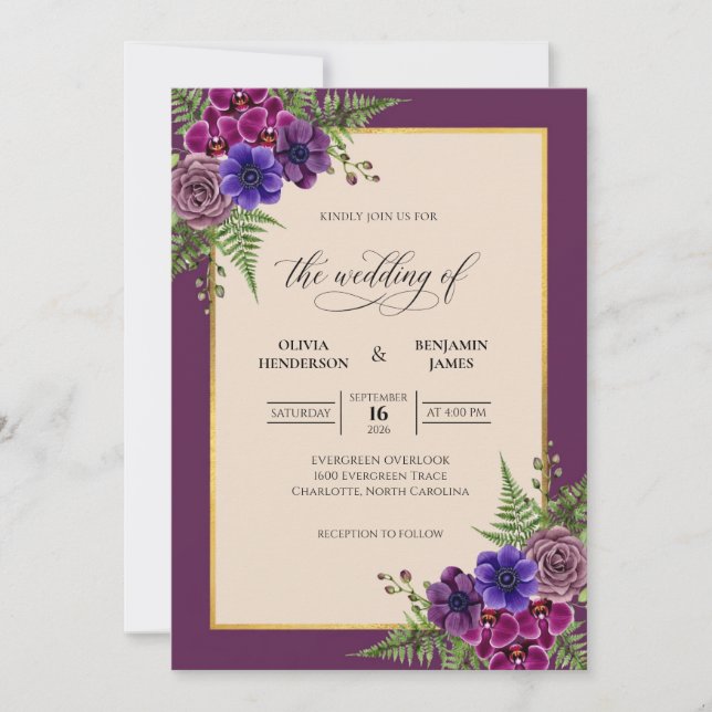 Convite Casamento com Samambaia Violeta Profunda (Frente)